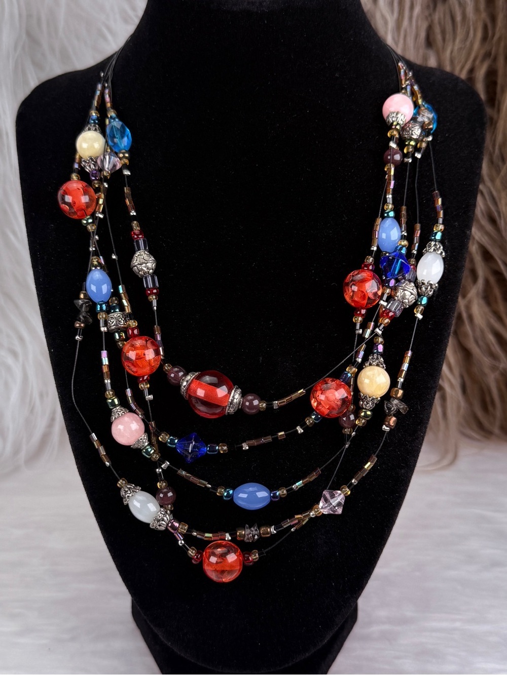 Multi Strand Beaded Statement Necklace Colorful Mixed Beads